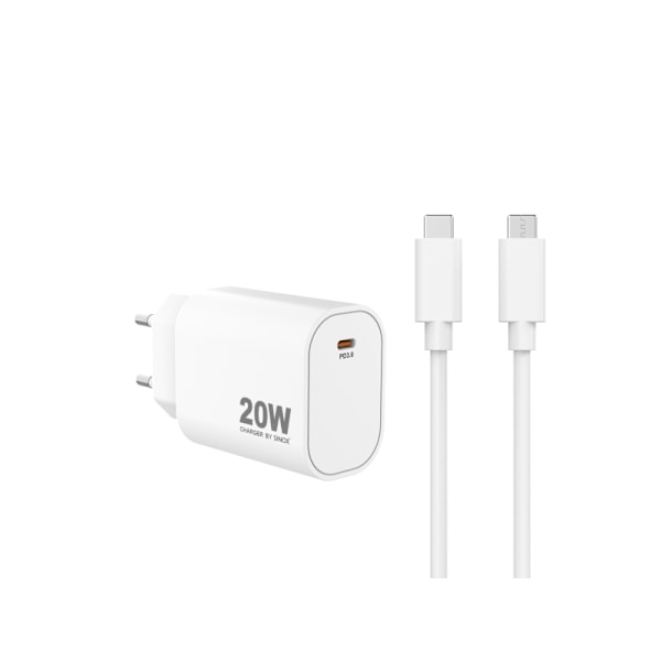 Sinox PRO 230V USB-C PD oplader 20W med/USB-C kabel. Hvid