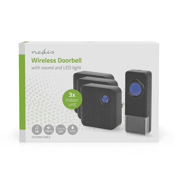Trådlös dörrklocka | Nätdriven | 100 - 240 V AC 50/60 Hz | 1x 23A 12V | Volym: 110 dB | Signalräckvidd: 150 m | IP55 | Justerbar volym | 58 Melodier |