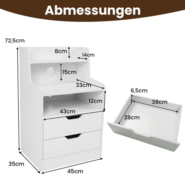 LED-natbord med ladestation, 2 skuffer, hvid