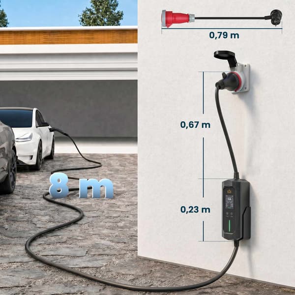 11kW Typ 2 elbilsladdare, 8m kabel, justerbar effekt