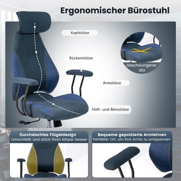 Ergonomisk kontorsstol, justerbart nackstöd, blått linne