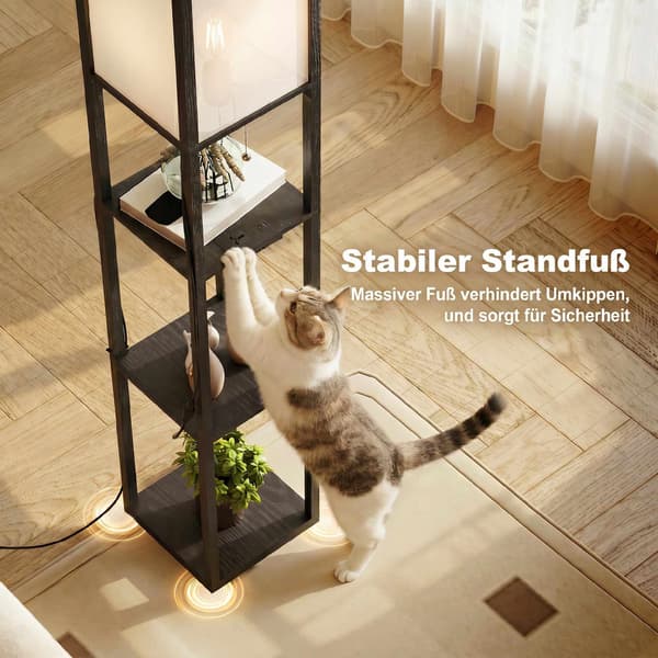 LED-gulvlampe med 3 hylder, dæmpbar, USB, stikkontakt, sort