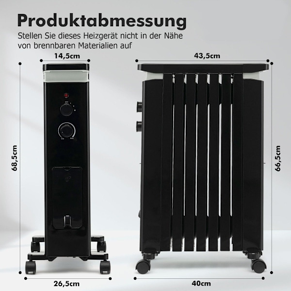 Bærbar oliefyldt radiator med 3 varmeindstillinger og universalhjul sort