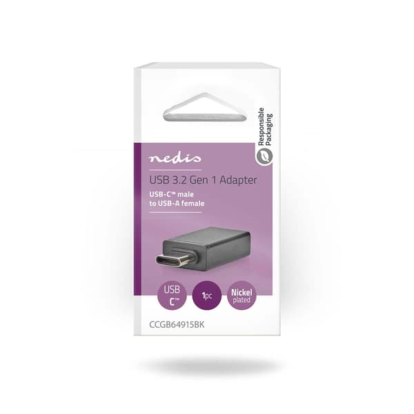 USB-C™ Adapter | USB 3.2 Gen 1 | USB-C™ Han | USB-A Hun | 5 Gbps | OTG | Runde | Nikkelplateret | Sort | Box