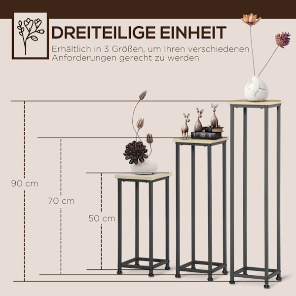 Plant Set 3-Osainen Kukkajakkara Ja Kukkaruukkuteline Teräksestä, Musta + Luonnollinen