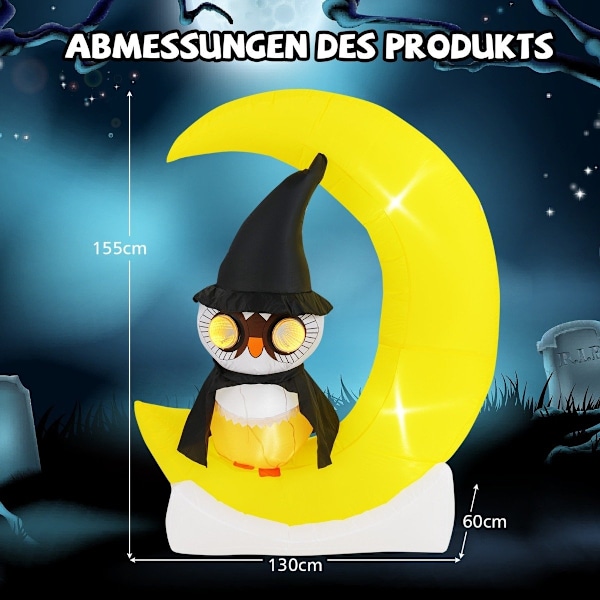 155 cm LED oppustelige ugler står på månen Frygtelig Halloween-dekoration