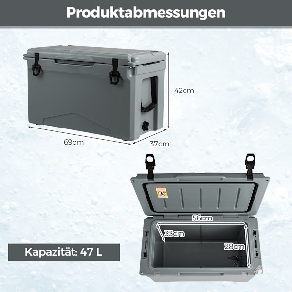 47L isolerad låda kylbox bärbar värmebehållare med flasköppnare och dräneringssystem 69 x 37 x 42 cm grå