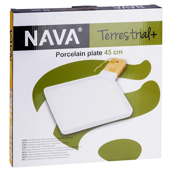 Elegant serveringsfad i porcelæn og bambus med hank