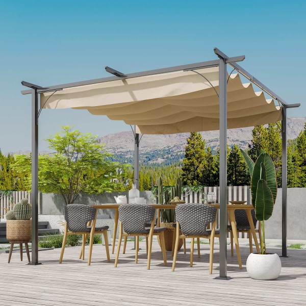 Pergola Vedenpitävä Huvimaja 3 X 3 M Terassikatos Liukuvalla Katolla, Uv-Suoja Puutarhaan Alumiinibeige