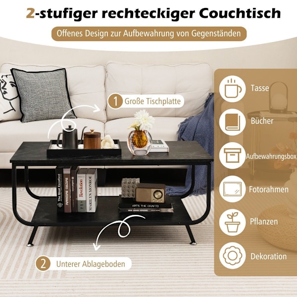 Soffbord i marmor Rektangulärt soffbord med 2 nivåer 105 x 55 x 46,5 cm Svart