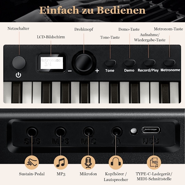 Foldbart E-tastatur Sammenfoldeligt med 88 belyste taster Digitalt tastatur Digitalt tastatur Sort