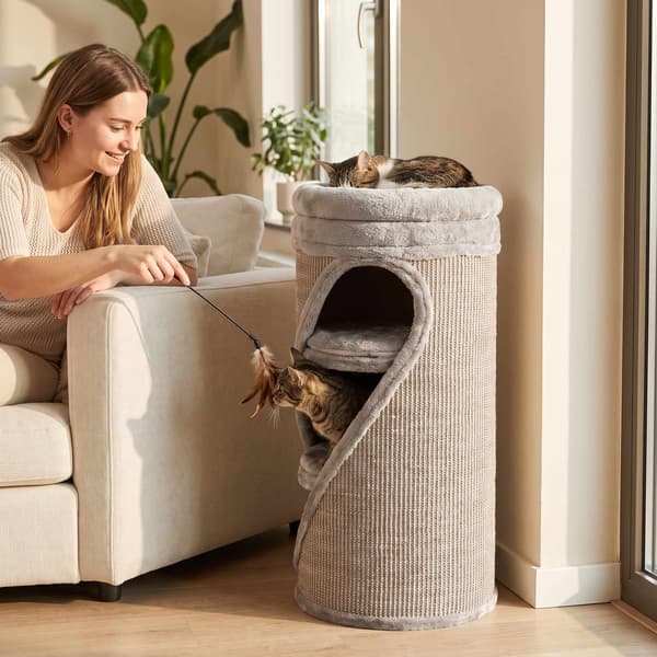 Kradsetønde til katte 75 cm med 3 huler og vaskbar seng, Ø 35 cm, grå