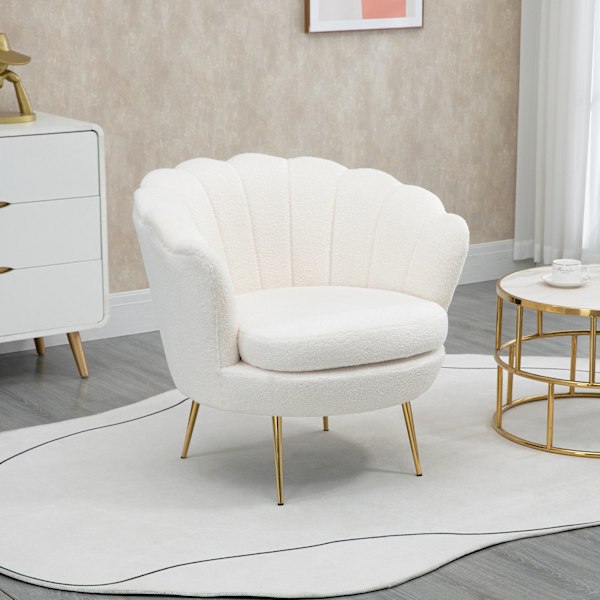 Klädd fåtölj i skalform, fåtölj, relaxfåtölj med metallben, dressingstol med fleecelook, för sovrum, vardagsrum, vit