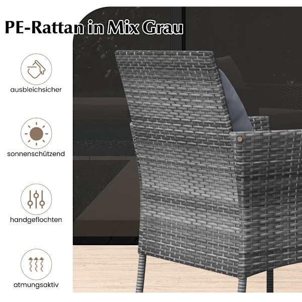 3-delt havemøbelsæt i polyrattan med glasbord og hynder. Møbelsiddegruppe i rattan. Havesæt i rattan, grå.