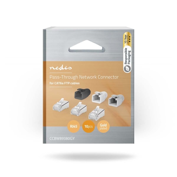 RJ45-stik | RJ45 Pass Through | Fast/strenget FTP CAT6a | Lige | Guldplateret | 10 stk. | PVC | Grå / Hvid / Sort | Box