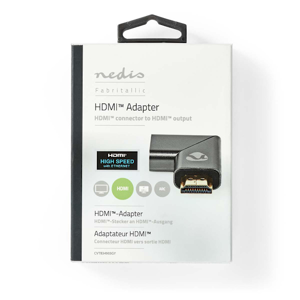HDMI™ Adapter | HDMI™ Hane / HDMI™ Kontakt | HDMI™ Hona / HDMI™ Utgång | Guldplaterad | Vinklat vänster | Aluminium | Grått Med Metall | 1 st. | Karto