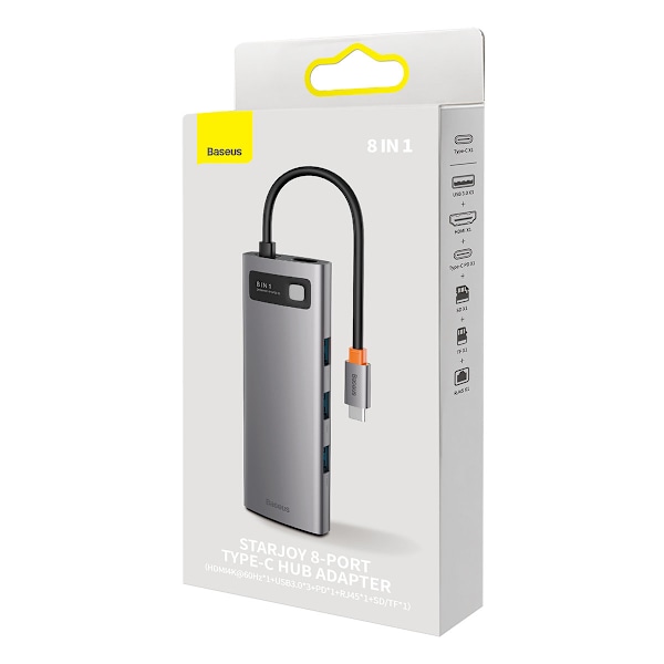 StarJoy HUB 8in1 USB-C 3xUSB HDMI RJ45 SD ja TF-kortinlukija PD harmaa