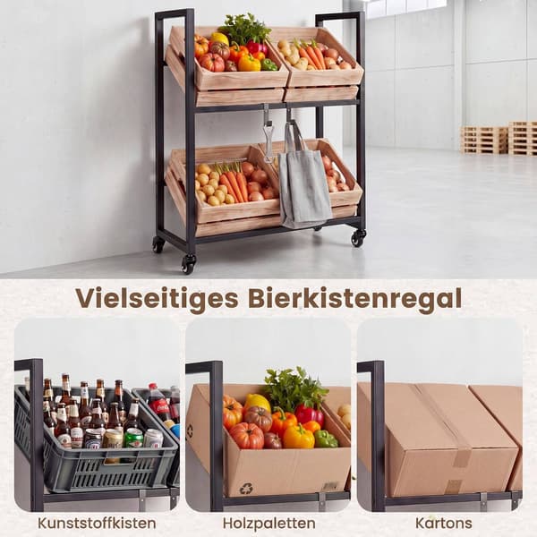 2-lags rullende drikkekassestativ med hjul, sort