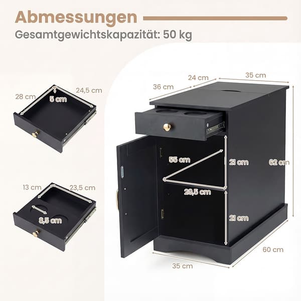 Natbord med ladestation, justerbar hylde, sort
