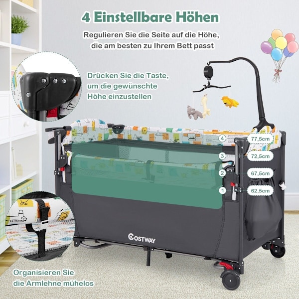 5-i-1 konvertibel babyseng med puslebord og opbevaringstaske Grå
