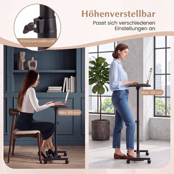 Justerbart överbäddsbord med hjul, valnötsfinish