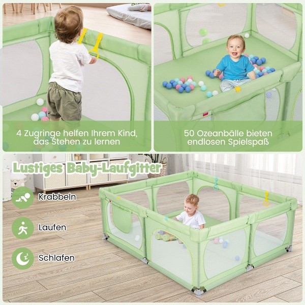 Babykravlegård med 4 trækringe & 50 havbolde & åndbart mesh & bæretaske Grøn