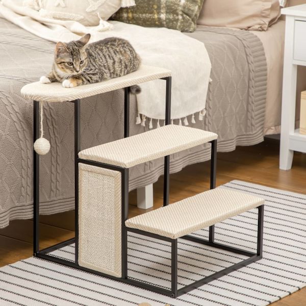 Kæledyrstrapper 3-Trins Kattetrappe Hundetrappe Med Skrabebræt Og Hængende Legebold Dyretrappe Stål Sisal Cremehvid + Sort 51X54X53Cm