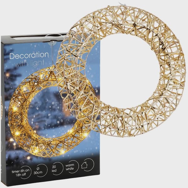 Julekrans, 30 cm, Guld, 20 LED-lys, Batteritimer