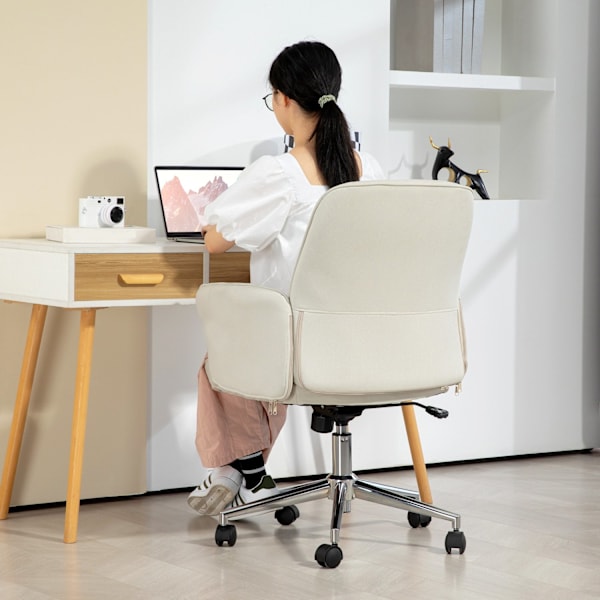 Kontorstol med vippefunktion, skrivebordsstol, højdejusterbar drejestol, ergonomisk arbejdsstol, moderne, kan holde op til 120 kg, mikrofiber, cremehv