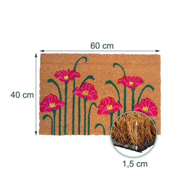 Dørmåtte i kokosfiber, botanisk design, 60x40 cm