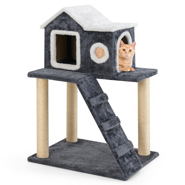 90 cm hög skrapstolpe med stor grotta & stege & sisalstolpar Cat Tree Climbing Tree Grå