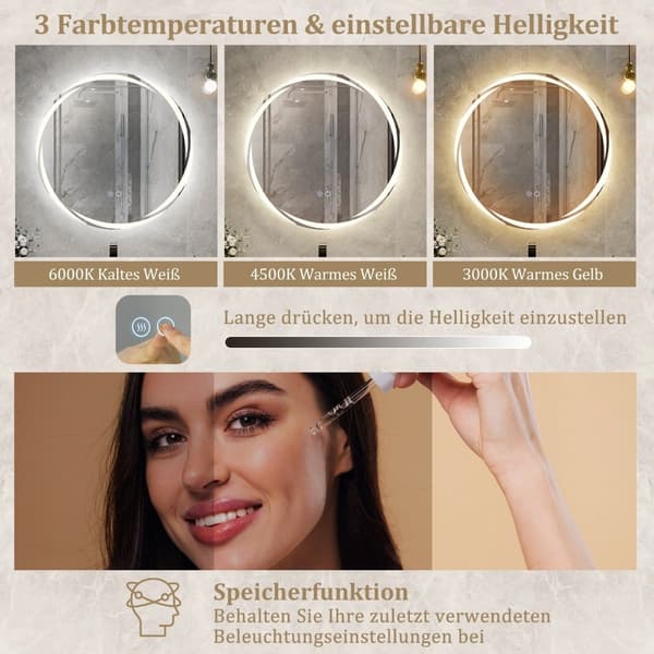 LED badrumsspegel med anti-dimma, 60 cm rund, dubbel belysning