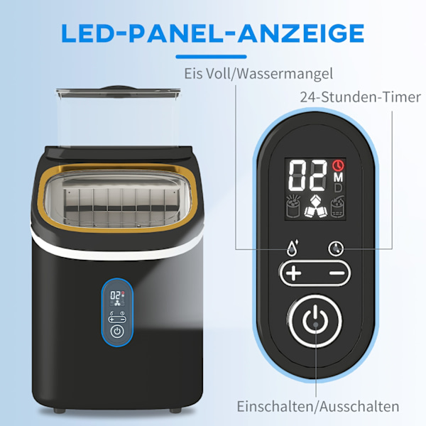 Ice Cube Machine 15 kg/24h Ice Cube Maker med 1,5 L vattentank, spade, isbehållare Ice Cube Maker Maskin med LED Display Svart 22 x 30 x 33 cm |