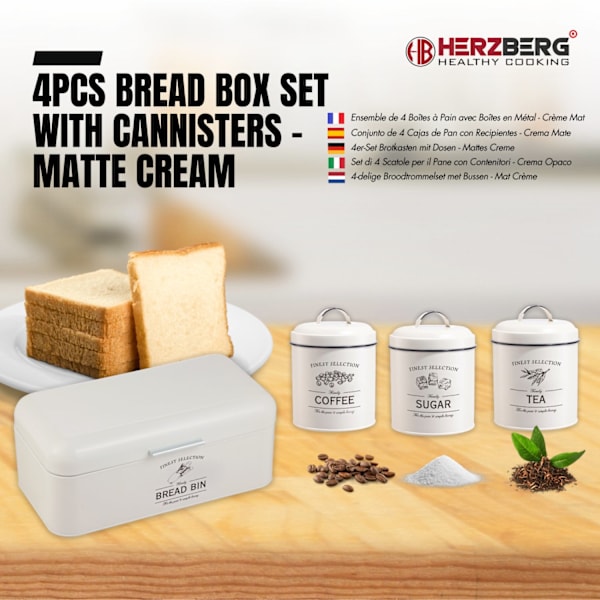 Herzberg HG-04418: 4 stykker vintage brødæske og dåsesæt - mat creme