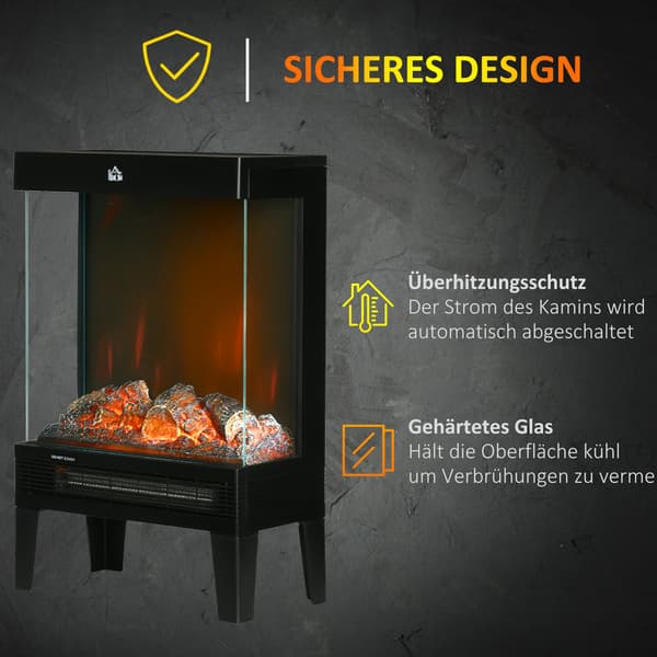 Elektrisk pejs med LED Flamme, 1000/2000W, Sort