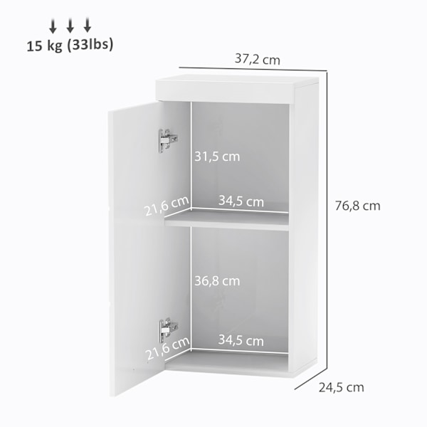 Väggskåp med dörr, badrumsskåp, köksskåp med 2 våningar, väggmonterat medicinskåp Vit 37,2 x 24,5 x 76,8 cm Aosom