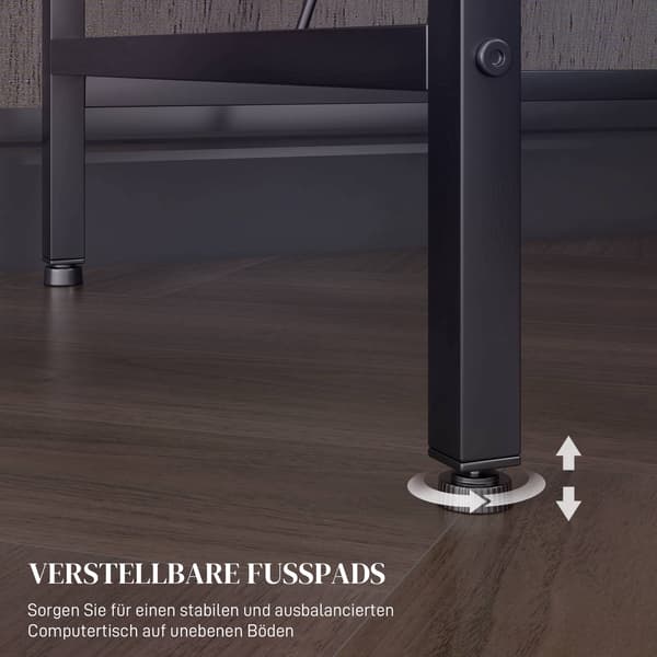 L-formet skrivebord med LED, stikkontakter, USB, vendbar, sort