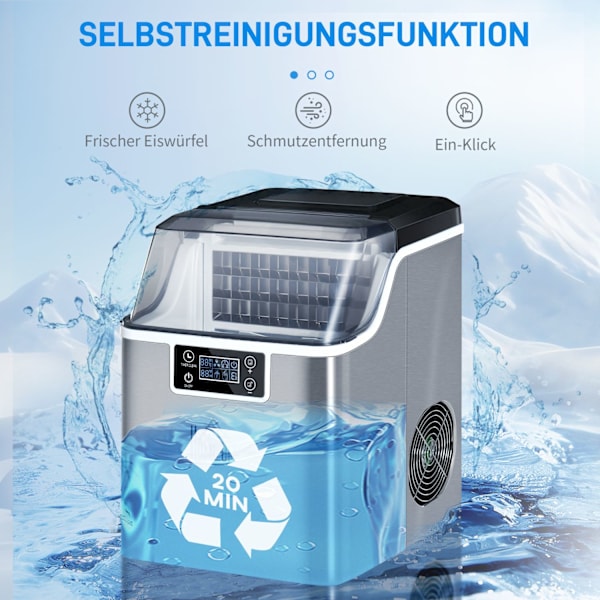 Ice Cube Machine 20 Kg/24H 2,3 L Jääpalakone 3,2 L Vesisäiliöllä Jääpalakone Itsepuhdistuva Ruostumaton Teräs Hopea 25,2 X 36 X 37,1 Cm