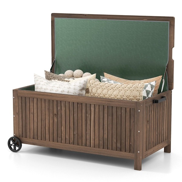 Trädgårdslåda 213 L Förvaringslåda med hjul Kuddlåda med vattentät PE-foder 114 x 58,5 x 51 cm Brun