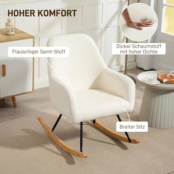 Gyngestol, gyngestol med armlæn, træløbere, afslapningsstol, lænestol med fløjlslook, afslapningsstol, gyngestol til soveværelse, stue, balkon, cremeh