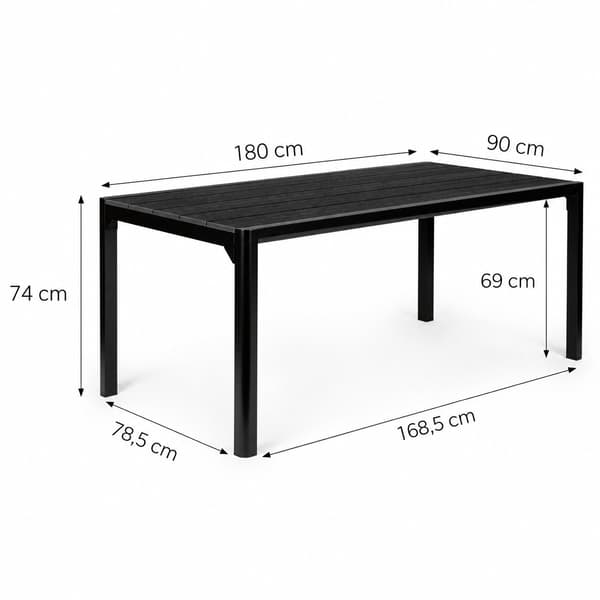 Stort sort havebord, 8-personers, 180×90 cm