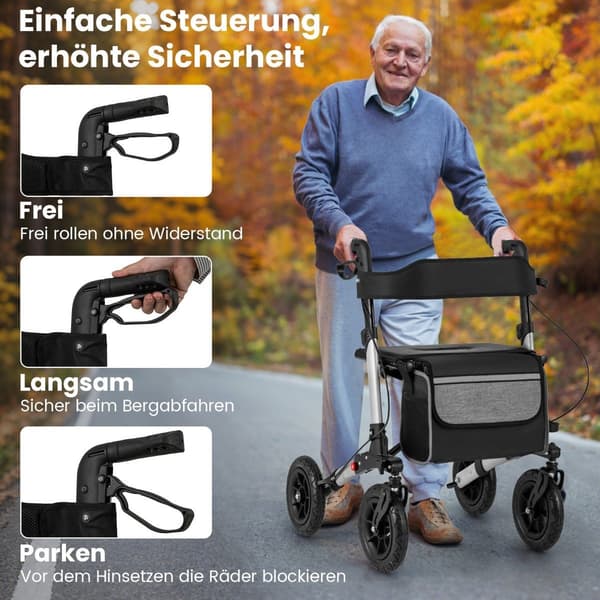 Fällbar lättviktsrollator med luftdäck, aluminium, 140 kg kapacitet