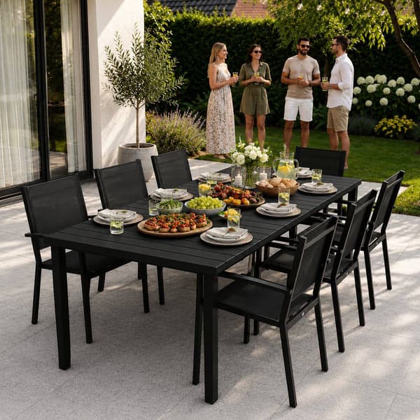 Stort havebord med 8 siddepladser, 180×90 cm, sort HDPE