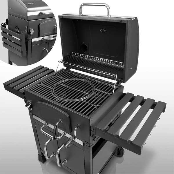 Kulgrill med skorsten, støbejernsrist, termometer