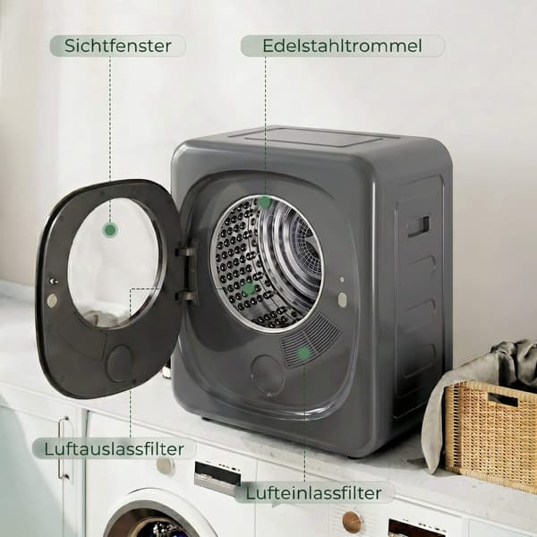 Tørretumbler med ventilation, 4 kg kompakt, 5 tilstande, timer