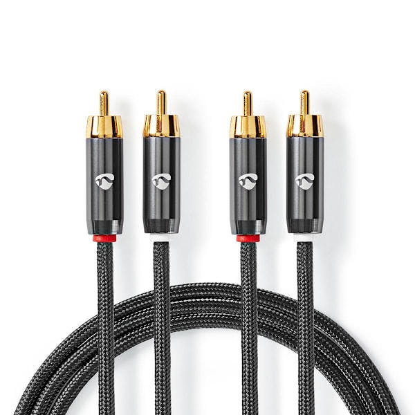 Stereoäänikaapeli | 2x RCA uros | 2x RCA uros | Kullattu | 2.00 m | Pyöreä | Gun Metal Harmaa / Harmaa | Laatikko kannella ja ikkunalla