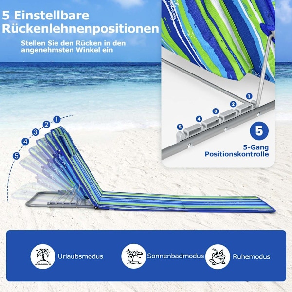 2 x Strandmatta med Sidobord Justerbar Solstolsset 151 x 55,5 x 27-47 Blå + Grön
