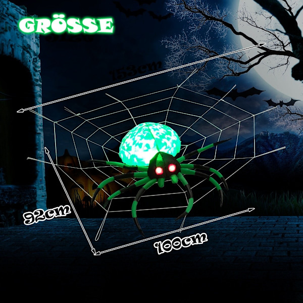 Oppustelig Halloween-edderkop med edderkoppespind med roterende LED-lys