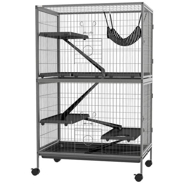 Bur til gnavere multifunktionel 4 platforme 3 ramper 4 døre dim. 80L x 52W x 128H cm Stål Grå Sølv Sort