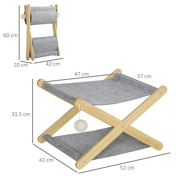Katteseng Med Stel 2 Niveauer, Kuglelegetøj, Foldbar, Fyrretræ, Natur Og Grå, 52X42X33,5 Cm